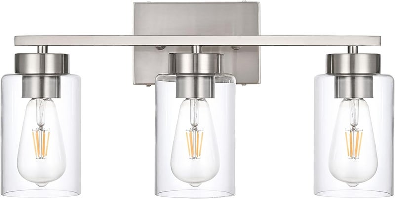 A1A9 3-Light Bathroom Vanity Light, Modern Brushed Nickel Wall Lights with Clear Glass Shades, Bathroom Wall Sconce Lamp for Mirror Living Room Bedroom Hallway - Image 1